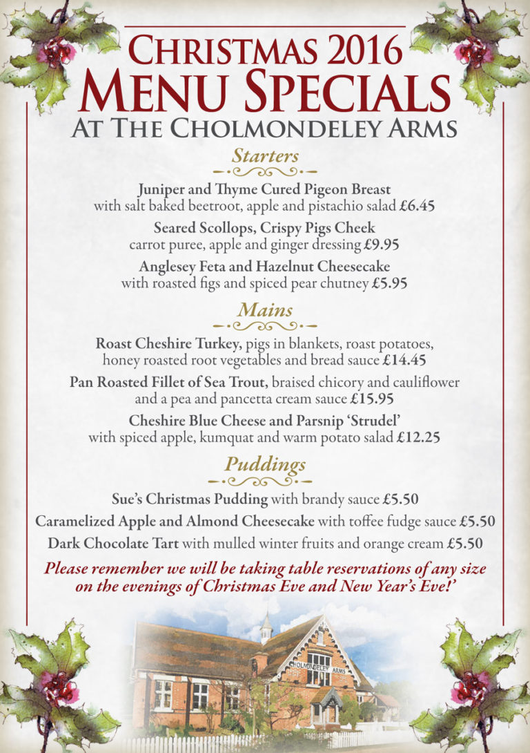 Festive Specials Menu | Cholmondeley Arms | Cheshire Pub And B & B