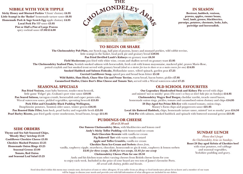 Main Menu Cholmondeley Arms Cheshire Pub And B B