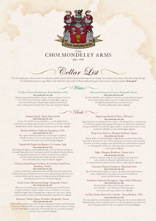 Cellar Wine List Cholmondeley Arms Cheshire Pub and B & B