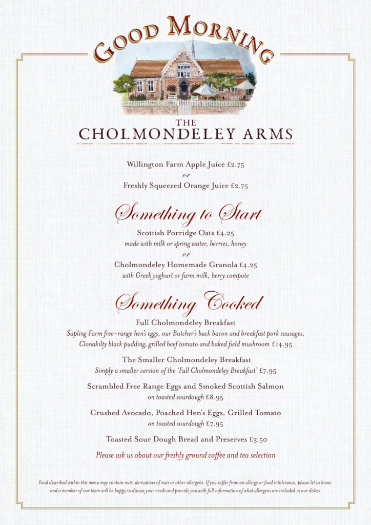 Breakfast Menu | Cholmondeley Arms | Cheshire Pub And B & B