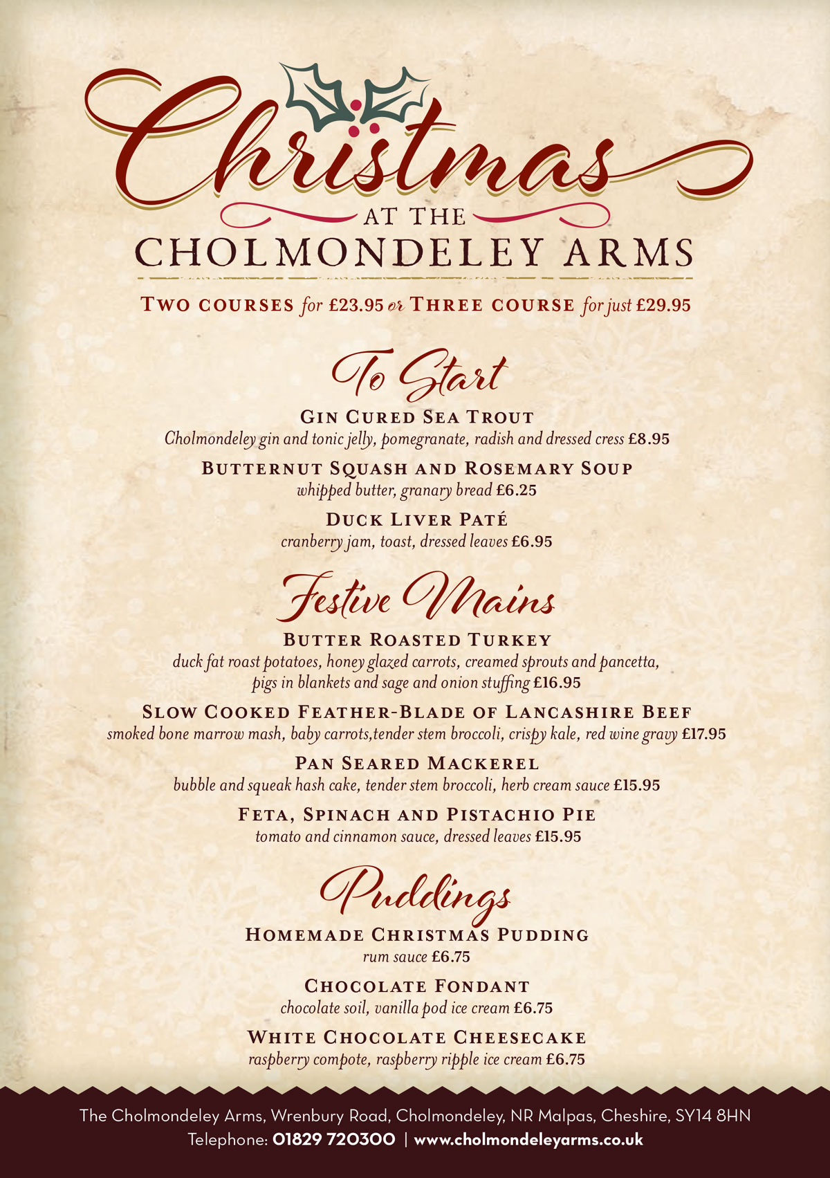 Christmas Party Menu | Cholmondeley Arms | Cheshire Pub and B & B